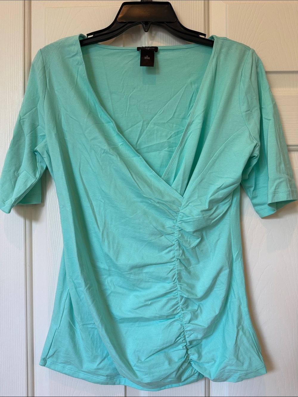 Ann Taylor Aqua Ruched V-Neck Short Sleeve Top